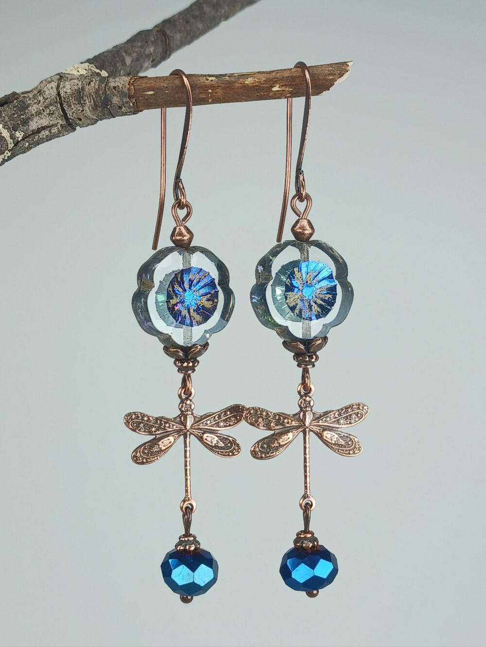 HAND CRAFTED Artisan Glass Dragonfly Dangle Earrings Blue Copper Fairycore Boho